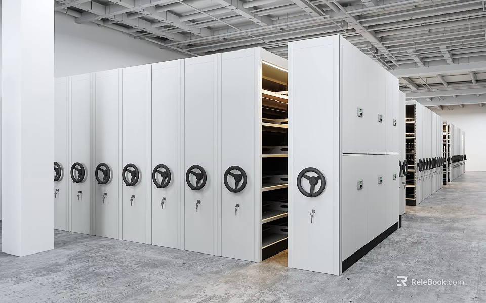 White Mobile Shelving Units With Black Circular Handles And Open Compartments In Industrial Storage Room 3d model 