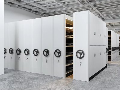 White Mobile Shelving Units With Black Circular Handles And Open Compartments In Industrial Storage Room 3d model