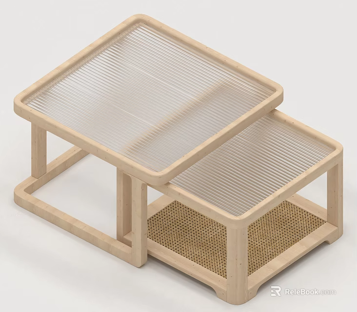 Light Natural Wood Rattan Glass Top Nesting Coffee Table Set For Living Room Sofa 3d model 