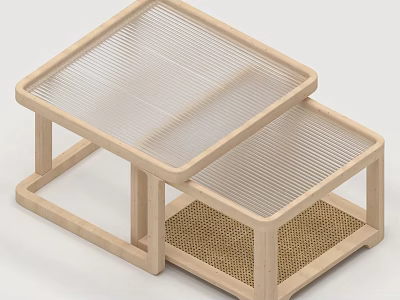 Light Natural Wood Rattan Glass Top Nesting Coffee Table Set For Living Room Sofa 3d model