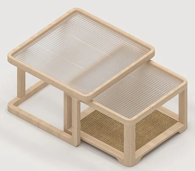 Light Natural Wood Rattan Glass Top Nesting Coffee Table Set For Living Room Sofa 3d model