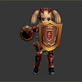 Cute Game and Movie Character With Red and Gold Armor Twin Ponytails Shield and Weapon