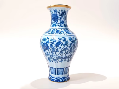 Traditional Ceramic Vase With Blue And White Floral Patterns And Gold Rimmed Mouth 3d model