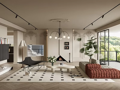 Elegant Living Room Interior Design With Chandelier Red Sofa Black White Rug And Green Plant 3d model