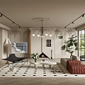 Elegant Living Room Interior Design With Chandelier Red Sofa Black White Rug And Green Plant