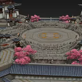 Ancient Architectural Octagonal Structure With Surrounding Pavilions Central Circular Area And Pink Flowers