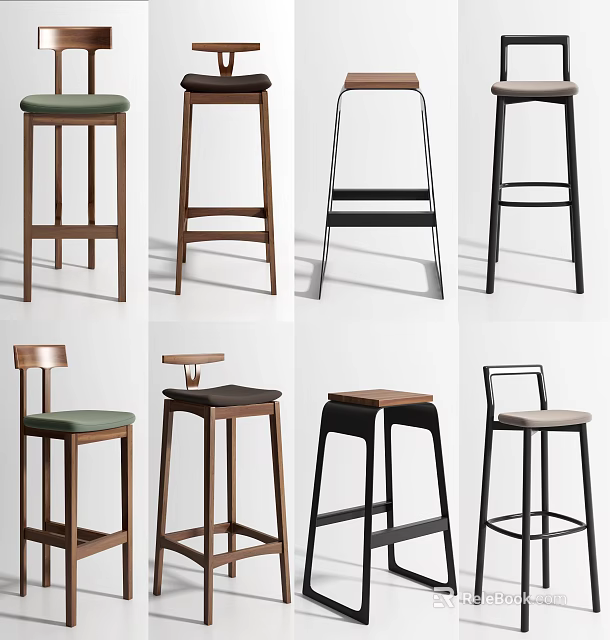 Various Modern Bar Stools With Wooden Metal Frames And Upholstered Seats 3d model 