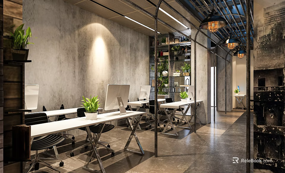 Modern Public Office Space With Open Layout Desks Computers Green Plants And Industrial Shelves 3d model 