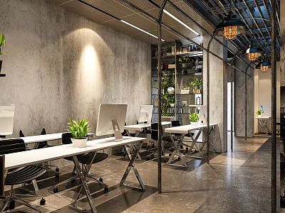 Modern Public Office Space With Open Layout Desks Computers Green Plants And Industrial Shelves 3d model
