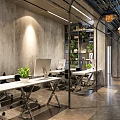 Modern Public Office Space With Open Layout Desks Computers Green Plants And Industrial Shelves