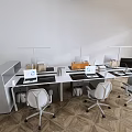 Modern Office Desk Workspace With Computer Monitors Office Chairs And Desk Lamps