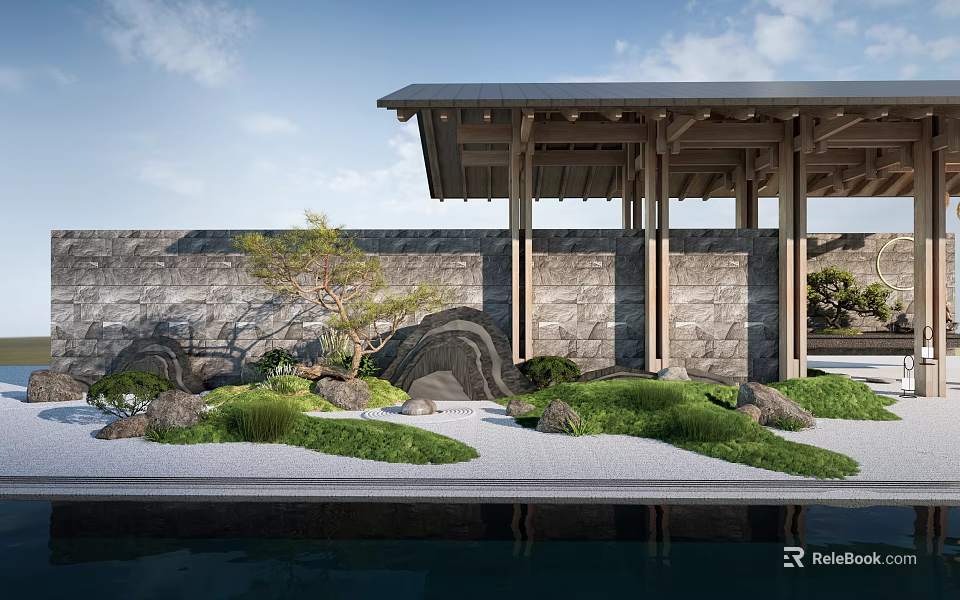 Japanese Style Viewing Platform With Wooden Roof Stone Wall Rock Garden And Water Reflection 3d model 