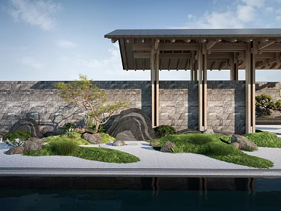 Japanese Style Viewing Platform With Wooden Roof Stone Wall Rock Garden And Water Reflection 3d model