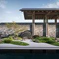 Japanese Style Viewing Platform With Wooden Roof Stone Wall Rock Garden And Water Reflection