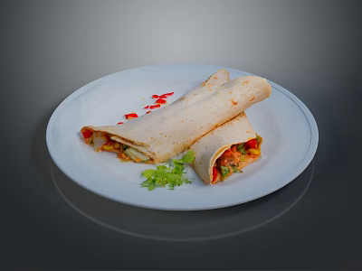 Burritos Stuffed With Vegetables And Meat On White Plate Garnished With Red Chili Flakes Parsley 3d model