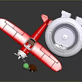 Red Toy Airplane And Silver UFO Model With Miniature Figures On Dark Reflective Surface