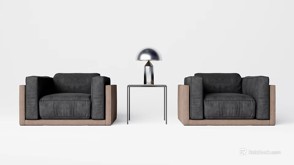 Casual Sofa Set With Black Upholstery Brown Frames Small Side Table And Silver Lamp 3d model