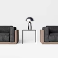 Casual Sofa Set With Black Upholstery Brown Frames Small Side Table And Silver Lamp 3d model