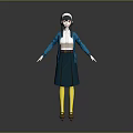 3D Female Character With White Headscarf Blue Cardigan Dark Blue Skirt Yellow Stockings Arms Outstretched