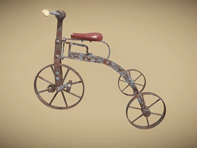 Vintage Tricycle with Rusted Metal Frame and Red Seat Three Wheels Design 3d model