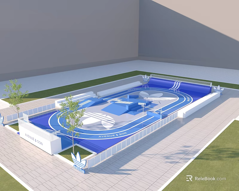 Outdoor Skateboarding Fitness Park With Blue Track White Fence And Green Grass 3d model 