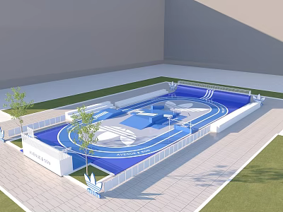 Outdoor Skateboarding Fitness Park With Blue Track White Fence And Green Grass 3d model
