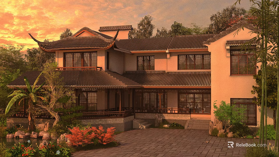 Chinese Courtyard Garden With Traditional Architecture Green Plants Rockery Stone Path And Sunset 3d model 