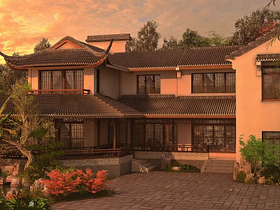 Chinese Courtyard Garden With Traditional Architecture Green Plants Rockery Stone Path And Sunset 3d model