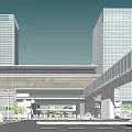 Modern Commercial Complex with Glass Facade Evening Lighting Green Trees and Street Cars