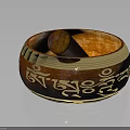 Handcrafted Wooden Bowl With Pestle Featuring Golden And Black Decorative Patterns