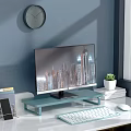 Home Office Desk Decorative Ornament Set with Monitor Stand Green Plant Wall Clock and Books