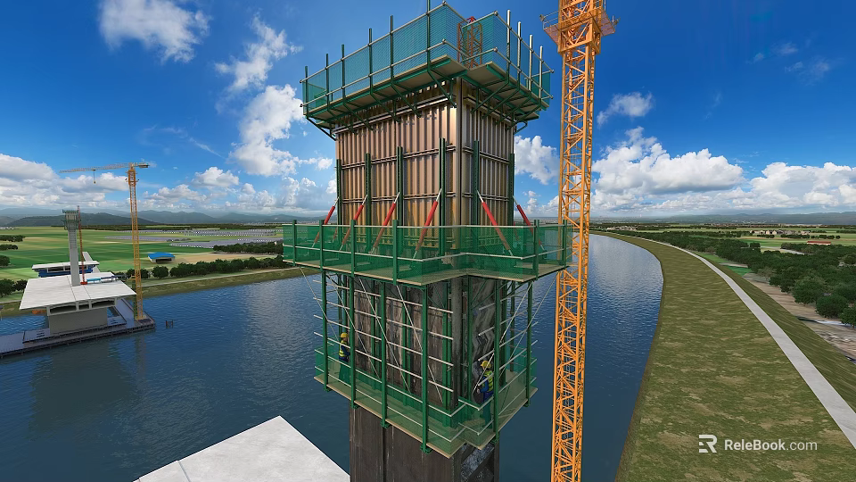 Construction Structure Under Construction With Green Scaffolding Yellow Crane Workers By Water And Greenery 3d model 