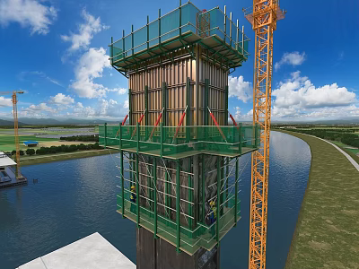 Construction Structure Under Construction With Green Scaffolding Yellow Crane Workers By Water And Greenery 3d model