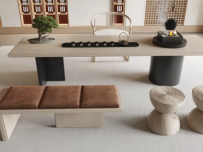Modern Tea Table and Chairs with Teacup Tray Potted Plant Stools and Incense Burner 3d model