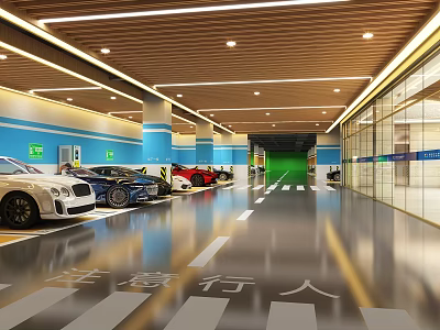 Modern Parking Lot With Well Lit Interior Parked Cars Blue Walls And Wooden Ceiling 3d model