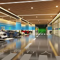 Modern Parking Lot With Well Lit Interior Parked Cars Blue Walls And Wooden Ceiling