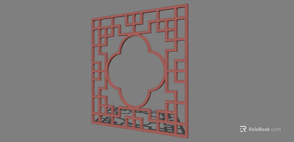 Red Chinese Style Decorative Partition With Carved Lattice And Floral Motif 3d model 