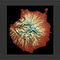 Scenic 3D Terrain Model with Red Green Mountains and Blue Lakes in Grid Background