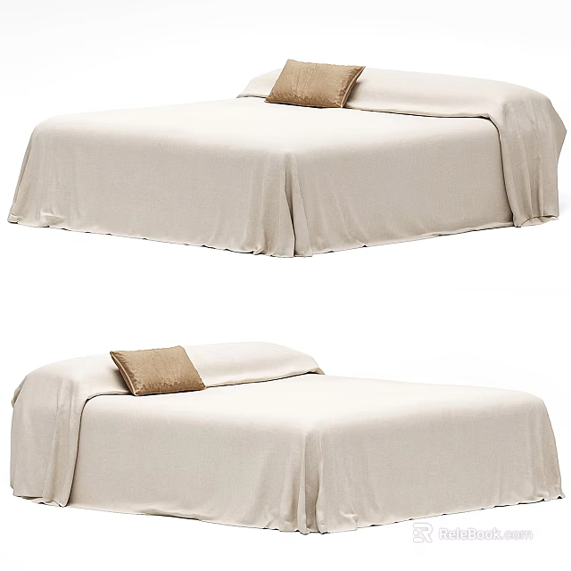 Double Bed Featuring Beige Bed Sheets And Brown Pillow In Minimalist Design 3d model 