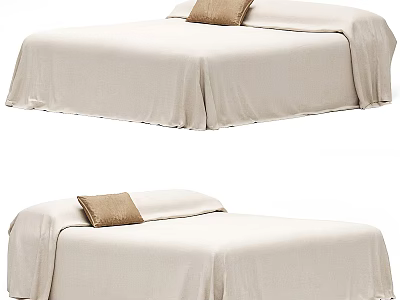 Double Bed Featuring Beige Bed Sheets And Brown Pillow In Minimalist Design 3d model