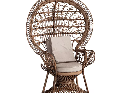Handwoven Rattan Leisure Chair With Circular Peacock Inspired Backrest And Light Beige Cushion 3d model