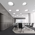 Modern Conference Room Interior With Circular Ceiling Lights White Table Large Windows And Black Chairs