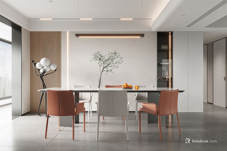 Modern Dining Table Set With Orange Chairs Vase Fruits And Hanging Lights 3d model 