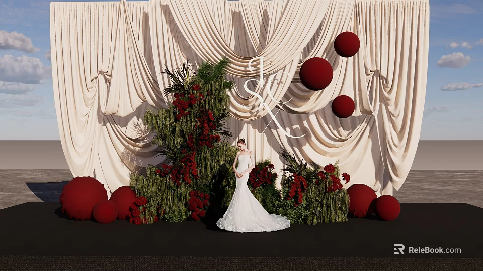 Wedding Photo Check In Spot With White Curtain Backdrop Red Balls And Green Plants 3d model 