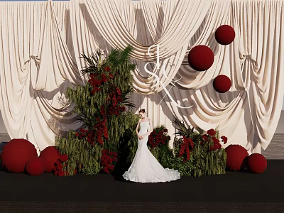 Wedding Photo Check In Spot With White Curtain Backdrop Red Balls And Green Plants 3d model