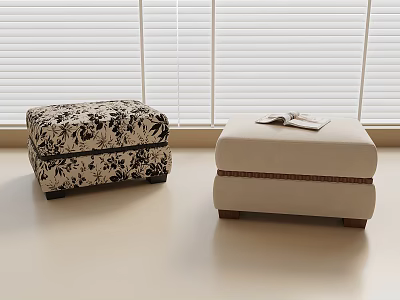 Floral Pattern And Beige Upholstered Stools With Book Near Window Blinds 3d model