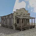 Weathered Old Western Building With Wooden Porch And Stone Walls