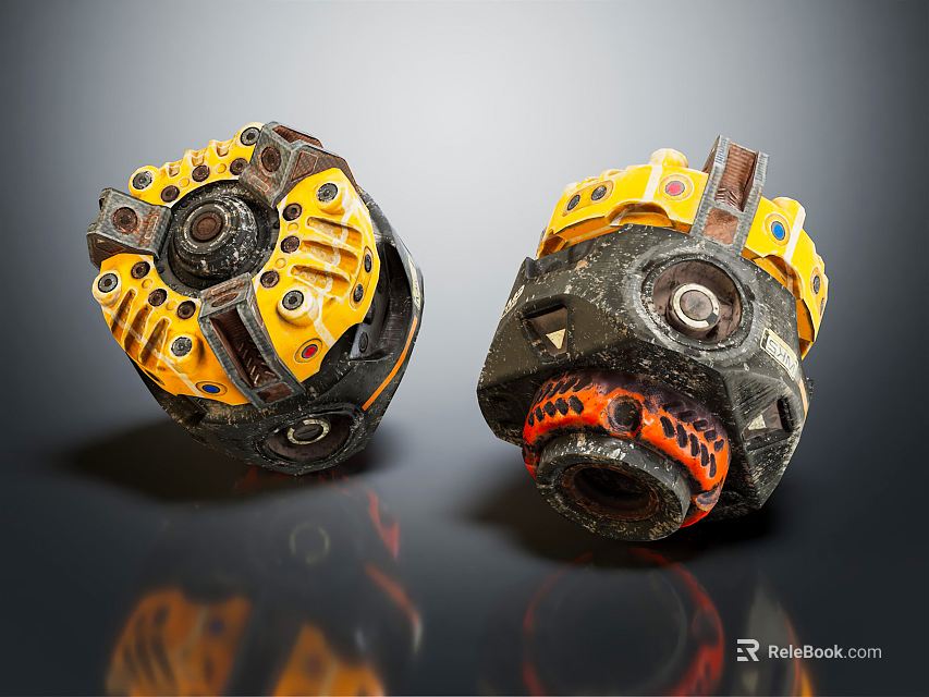 Two Mechanical Engines With Yellow Black Orange Accents And Industrial Detailed Design 3d model 