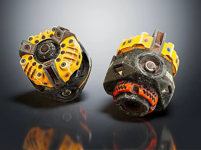 Two Mechanical Engines With Yellow Black Orange Accents And Industrial Detailed Design 3d model