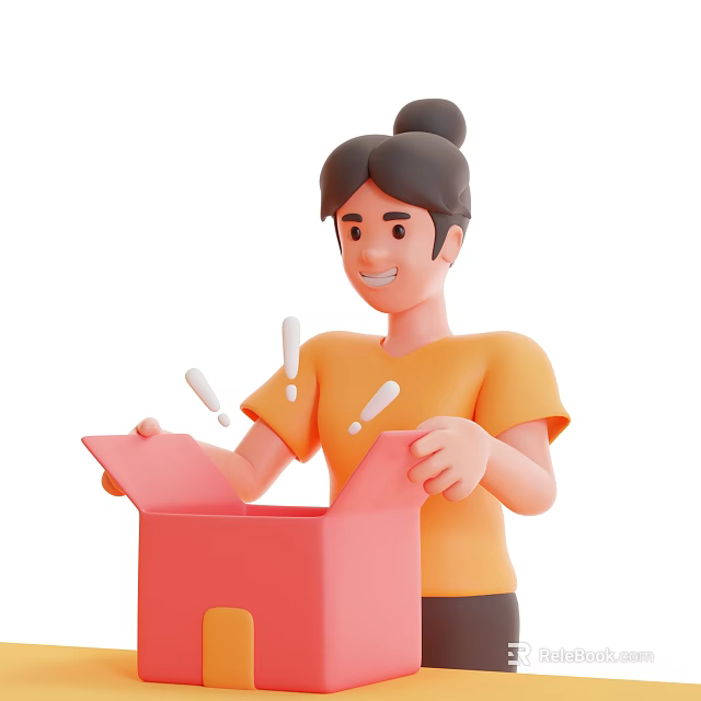 Happy Woman In Orange Shirt Opening Red Box With Surprised Expression 3d model 